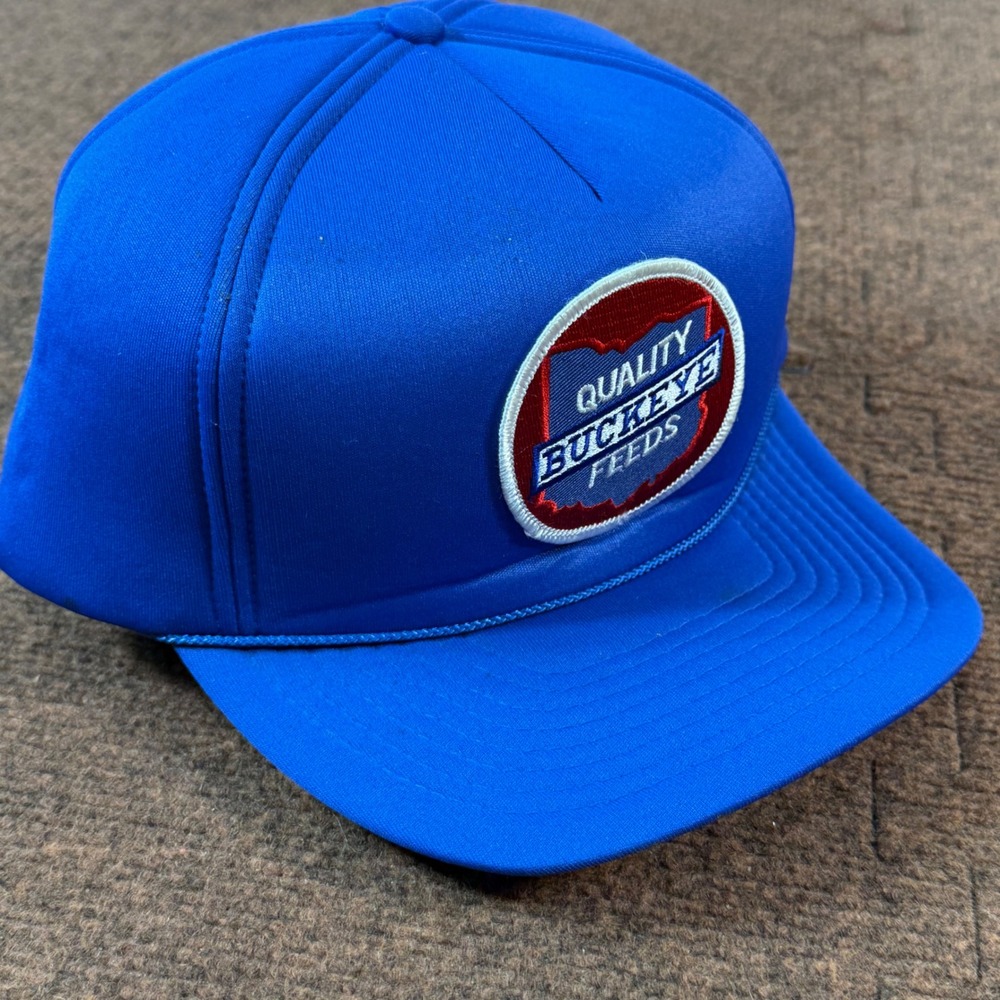 A+ Vintage Winner Quality Buckeye Feeds Blue Snapback Trucker Hat Ohio Patch Cap